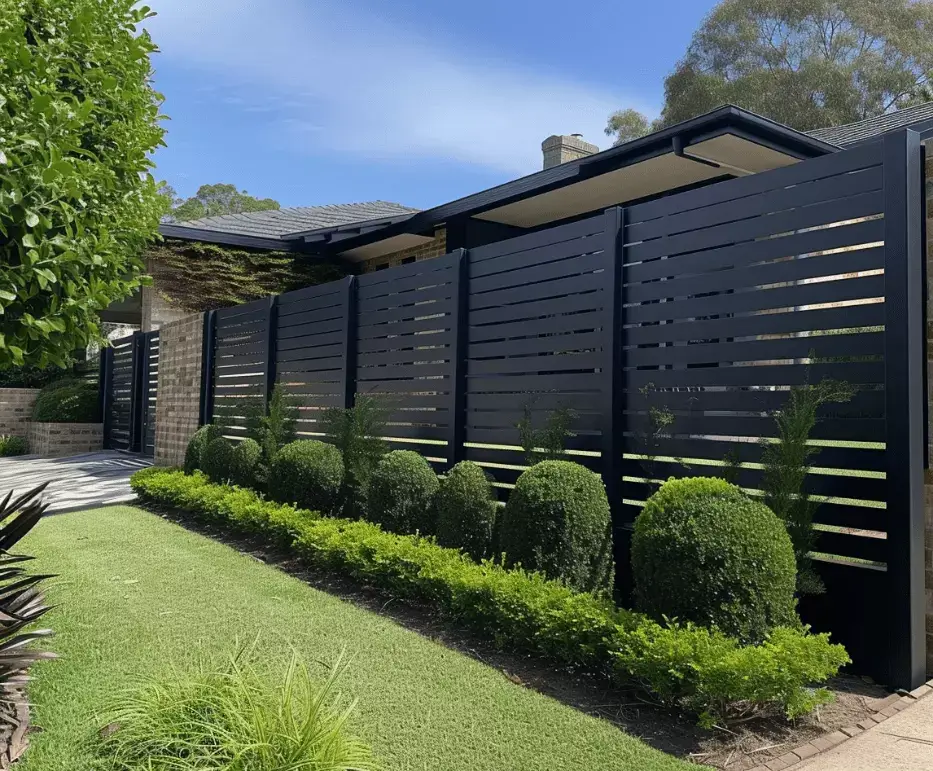 Black horizontal slat screen fence in front of a brick home