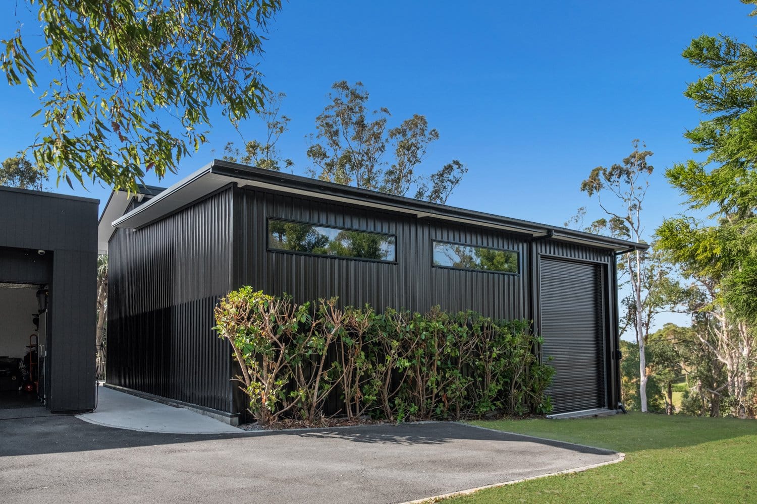 Black steel shed with high windows and a roller door